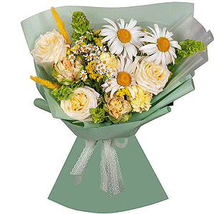 Gerbera white - 5, Chamomile - 1, White rose 50 cm Ecuador - 3, Rose Veggie 50 cm - 2, Yellow carnation - 4, Baltica White Spray Chrysanthemum - 1, Yellow Statice, Dried flowers in assortment, Wrapping Paper, Moluccella