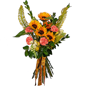Sunflower - 5, Pink carnation - 9, White Matthiola - 3, White Delphinium - 3, Pittosporum, Ribbon