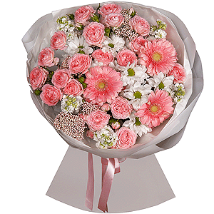 Bacardi White Spray Chrysanthemum - 3, Gerbera pink - 9, White Matthiola - 5, Bright pink spray rose mix, 50 cm - 9, Ozotamnus, Wrapping Paper