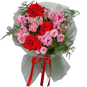 Red rose Nina 50 cm - 7, Spray rose: white, cream, light pink 50 cm - 4, Pink Gladiolus - 3, Pink Lisianthus (Eustoma) - 3, Pink carnation - 7, Ozotamnus, Asparagus setaceus (1 pc.), Wrapping Paper