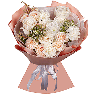 White rose 50 cm Ecuador - 7, Baltica White Spray Chrysanthemum - 1, Peony sprayrose - 2, Carnation white, cream - 5, Moluccella, Astilbe, Wrapping Paper