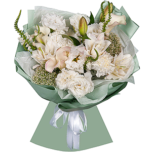 Lilies - 2, Calla lilies - 3, Carnation white, cream - 11, lisianthus - 3, Veronica spray, Sedum, Wrapping Paper