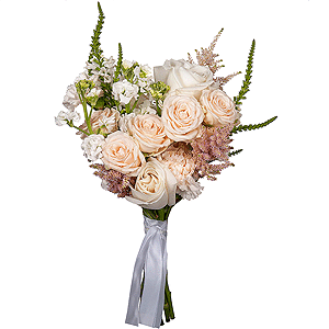 White rose 50 cm Ecuador - 3, Peony sprayrose - 2, White Matthiola - 3, Carnation white, cream - 11, Veronica spray, Astilbe, Ribbon