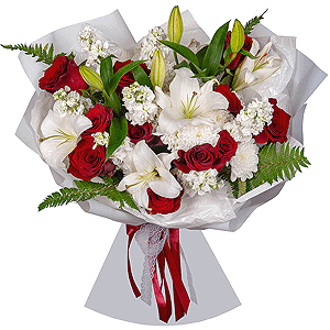 Rose Red 50 cm Ecuador - 21, Baltica White Spray Chrysanthemum - 2, White Matthiola - 11, Lilies - 2, Fern (1 pc.), Wrapping Paper