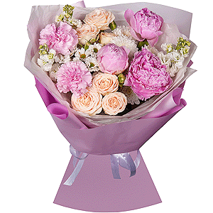 Peony pink - 3, White Matthiola - 3, Pink carnation - 10, Baltica White Spray Chrysanthemum - 1, Spray rose: white, cream, light pink 50 cm - 2, Santini White Spray Chrysanthemum - 1, Wrapping Paper