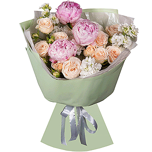 Peony pink - 3, Spray rose: white, cream, light pink 50 cm - 2, White Matthiola - 3, Baltica White Spray Chrysanthemum - 7, Wrapping Paper