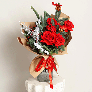 Rose Red 50 cm Ecuador - 9, Spruce branches (1pc.), Artificial branch, Decorative element small, Cones (1pc.), Decorative element medium, Wrapping Paper