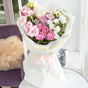 Spray peony rose Misty Bubbles, 50 cm - 1, Santini White Spray Chrysanthemum - 1, Pink Lisianthus (Eustoma) - 2, White spray carnation - 5, White rose 50 cm Ecuador - 1, Limonium (1 pc.), Hypericum, Wrapping Paper