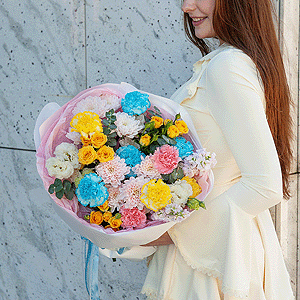 Baltica Pink Spray Chrysanthemum - 2, Blue carnation - 6, lisianthus - 2, Pink Matthiola - 2, Spray rose: yellow, orange 50 cm - 5, Yellow carnation - 5, Eucalyptus baby blue (1 pc.), Wrapping Paper