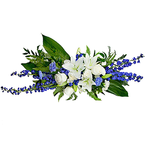 Blue carnation - 4, White rose 50 cm - 5, lisianthus - 4, Lilies - 2, Carnation white, cream - 5, Pot for compositions, Oasis, Blue Delphinium, Ambrella, Ruscus italian, Aspidistra (1 pc.), Skimmia