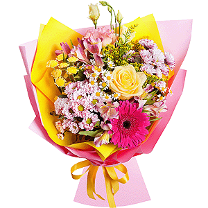 Daisy poms Santini pink, purple - 2, Pink Lisianthus (Eustoma) - 2, Yellow rose 50 cm - 1, Purple gerbera - 2, Alstromeria white, soft pink - 2, Athos poms Stallion - 2, Chamomile - 1, Solidago (1 pc.), Wrapping Paper, Ribbon