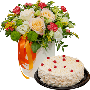 Rose Cream 50 cm - 5, Athos pom Feeling Green - 3, lisianthus - 4, Pink spray carnation - 4, Round flower box small , Oasis, Film, Solidago (1 pc.), Pistachio, Ribbon, Cake in assortment