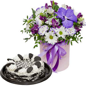 Vanda Orchid bud - 2, Alstromeria lilac, purple - 3, Bacardi White Spray Chrysanthemum - 5, Purple Lisianthus (Eustoma) - 4, Round flower box small , Oasis, Film, Flask for orchids, Aspidistra (1 pc.), Pistachio, Ribbon, Cake in assortment