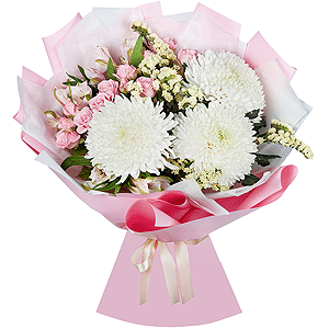 Magnum White Chrysanthemum - 5, Bright pink spray rose mix, 50 cm - 3, Alstromeria white, soft pink - 7, White statice, Wrapping Paper