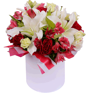 White lilies in a hatbox with delivery Kerch