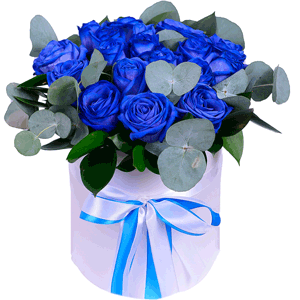 Arrangement of 17 blue roses in a hatbox with delivery Kerch