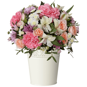 Pink carnation - 5, Bacardi Pink Spray Chrysanthemum - 3, Athos poms Stallion - 3, Bright pink spray rose mix, 50 cm - 4, Alstromeria white, soft pink - 3, Pistachio, Ruscus, Oasis, Metal planter