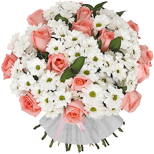 Pink rose 50 cm - 19, Bacardi White Spray Chrysanthemum - 12, Ruscus, Felt, Ribbon