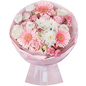 Gerbera pink - 3, Pink rose 50 cm - 3, White rose 50 cm - 2, Baltica White Spray Chrysanthemum - 1, Peony sprayrose - 2, Pink spray carnation - 2, lisianthus - 2, Wrapping Paper