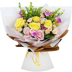 Yellow rose 50 cm - 6, Pink rose 50 cm - 5, Spray rose: white, cream, light pink 50 cm - 5, Pink spray carnation - 4, Pink Lisianthus (Eustoma) - 2, Solidago (1 pc.), Wrapping Paper