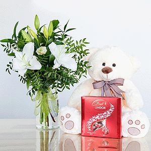 Gift set "Lilies, teddy bear and sweets" with delivery Kerch
