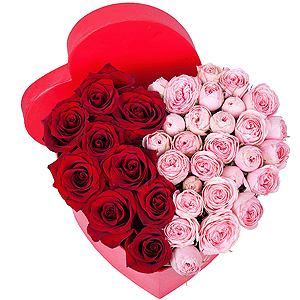 Red rose 50 cm - 12, Peony sprayrose - 6, Heart‑shaped box for arrangements, Oasis