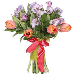 Orange tulip - 9, Alstromeria lilac, purple - 4, Blue Statice, Ruscus, Felt, Ribbon