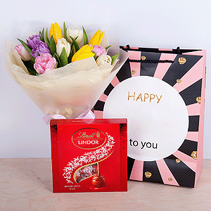 Yellow tulip - 5, Pink tulip - 5, Lilac tulip - 4, Tulip white - 5, Wrapping Paper, Ribbon, Lindt Candy Box, Present bag
