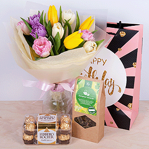 Gift set "Tulips, chocolate sweets and tea" with delivery Kerch