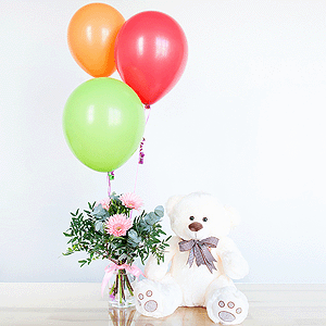 Gerbera pink - 7, Pistachio, Eucalyptus Cinerea, Ribbon, Taddy Bear 45 cm, Helium Balloon (1 pc.)