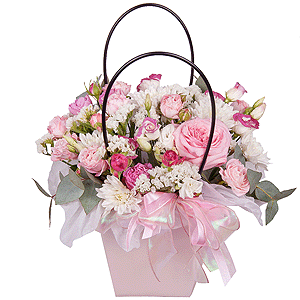 Peony rose pink 'OHara' - 1, Pink Lisianthus (Eustoma) - 1, Bright pink spray rose mix, 50 cm - 4, Baltica White Spray Chrysanthemum - 3, Flower bag, Eucalyptus Cinerea, White statice, Oasis, Ribbon