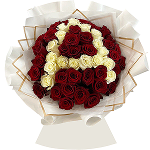White rose 70 cm  (Ecuador) - 17, Red rose 70 cm Ecuador - 50, Wrapping Paper, Bouquet frame structure