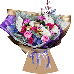 White rose 50 cm - 3, Pink rose 50 cm - 6, Pink carnation - 3, Bright pink spray rose mix, 50 cm - 3, lisianthus - 2, Carnation white, cream - 2, Spruce branches (1pc.), Pistachio, Ruscus, Christmas decor (set), Decorative element medium, Wrapping Paper