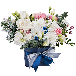 White rose 50 cm - 2, Baltica White Spray Chrysanthemum - 1, lisianthus - 2, Bright pink spray rose mix, 50 cm - 1, Pink carnation - 2, Spruce branches (1pc.), Oasis, Christmas decor (set), Wrapping Paper