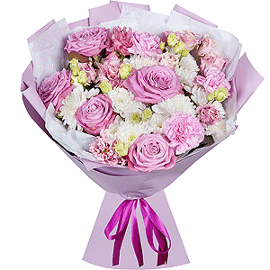 Pink rose 50 cm - 7, Baltica White Spray Chrysanthemum - 4, Pink Lisianthus (Eustoma) - 3, Pink carnation - 7, Wrapping Paper