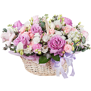 Rose Purple 50 cm Ecuador (Deep Water, Deep Purple, Moody Blue) - 7, Rose Pink 50 cm Ecuador (Chelo, Hermosa, Novia, Titanik, Engagement, Pink Mondiale) - 6, Carnation white, cream - 7, Peony rose pink 'OHara' - 3, Bright pink spray rose mix, 50 cm - 3, lisianthus - 2, White spray carnation - 6, White Matthiola - 5, Baltica White Spray Chrysanthemum - 5, Pink carnation - 6, Medium Basket, Oasis, Eucalyptus Cinerea, Wrapping Paper