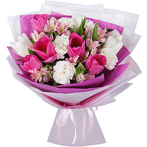 Pink tulip - 6, Alstromeria white, soft pink - 5, Carnation white, cream - 7, Tulip white - 5, Wrapping Paper, Ribbon