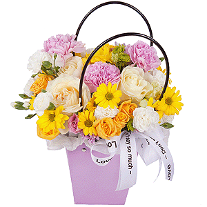 White rose 50 cm - 4, Spray rose: yellow, orange 50 cm - 2, Pink carnation - 5, White spray carnation - 3, Baltica Yellow Spray Chrysanthemum - 2, Athos pom Feeling Green - 1, Flower bag, Oasis, Ribbon