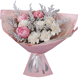 Peony pink - 5, Carnation white, cream - 10, Solidago (1 pc.), Wrapping Paper