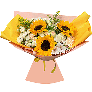 Sunflower - 3, Carnation white, cream - 5, Santini White Spray Chrysanthemum - 4, Alstromeria white, soft pink - 4, Peony sprayrose - 4, White rose 50 cm - 4, Solidago (1 pc.), Wrapping Paper, Ribbon