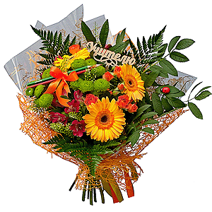 Gerbera yellow - 3, Alstromeria Red, Bright Pink - 3, Athos pom Feeling Green - 2, Spray rose: yellow, orange 50 cm - 4, Green bell (1 pc.), Fern (1 pc.), Wrapping Paper, Ladybug decorative, 1 pc., A set of pencils, Topper (for flowers)