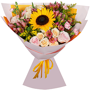Sunflower - 1, Spray rose: white, cream, light pink 50 cm - 3, Pink rose 50 cm - 5, Pink spray carnation - 6, Alstromeria Red, Bright Pink - 6, Baltica White Spray Chrysanthemum - 1, Solidago (1 pc.), Wrapping Paper
