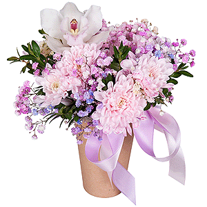 Baltica Pink Spray Chrysanthemum - 1, Colored gypsophila - 2, White Cymbidium Orchid Bud - 1, Cardboard pot (cup), Oasis, Pistachio, Flask for orchids, Ribbon