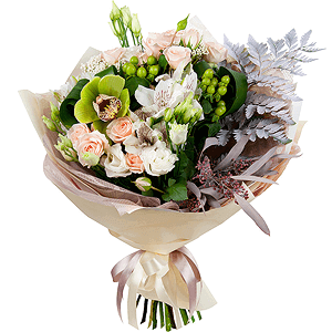 Spray rose: white, cream, light pink 50 cm - 4, lisianthus - 3, Green Cymbidium Orchid Bud - 2, Alstromeria white, soft pink - 3, Hypericum, Ozotamnus, Aspidistra (1 pc.), Flask for orchids, Fern (1 pc.), Eucalyptus populus (1 pc.), Wrapping Paper