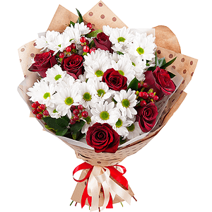 Bacardi White Spray Chrysanthemum - 6, Red rose 50 cm - 9, Hypericum, Ruscus, Wrapping Paper, Ribbon