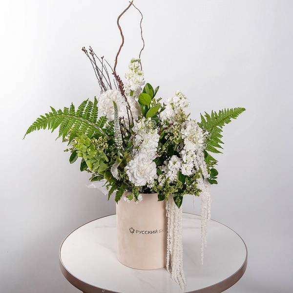 Carnation white, cream - 7, White Matthiola - 4, Round flower box small , Oasis, Veronica spray, Fern (1 pc.), Artificial branch, White statice, Pittosporum, Amaranth stabilized, Moluccella