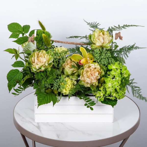 Green Hydrangea - 1, Rose Veggie 50 cm - 7, Green carnation - 10, Green Cymbidium Orchid Bud - 1, Wooden pot, Oasis, Asparagus setaceus (1 pc.), Pistachio, Sedum, Flask for orchids,  Raspberry branch