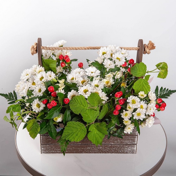 Santini White Spray Chrysanthemum - 9, Wooden pot, Oasis, Hypericum,  Raspberry branch