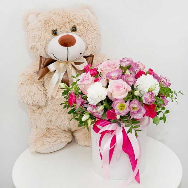 Carnation white, cream - 6, Pink Lisianthus (Eustoma) - 7, Pink rose 50 cm - 5, Round flower box small , Oasis, Film, Pistachio, Ribbon, Taddy Bear 45 cm
