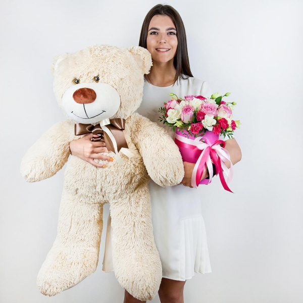 Pink rose 50 cm - 11, lisianthus - 5, Pink spray carnation - 5, Round flower box small , Oasis, Film, Pistachio, Ruscus, Ribbon, Teddy bear 70 cm